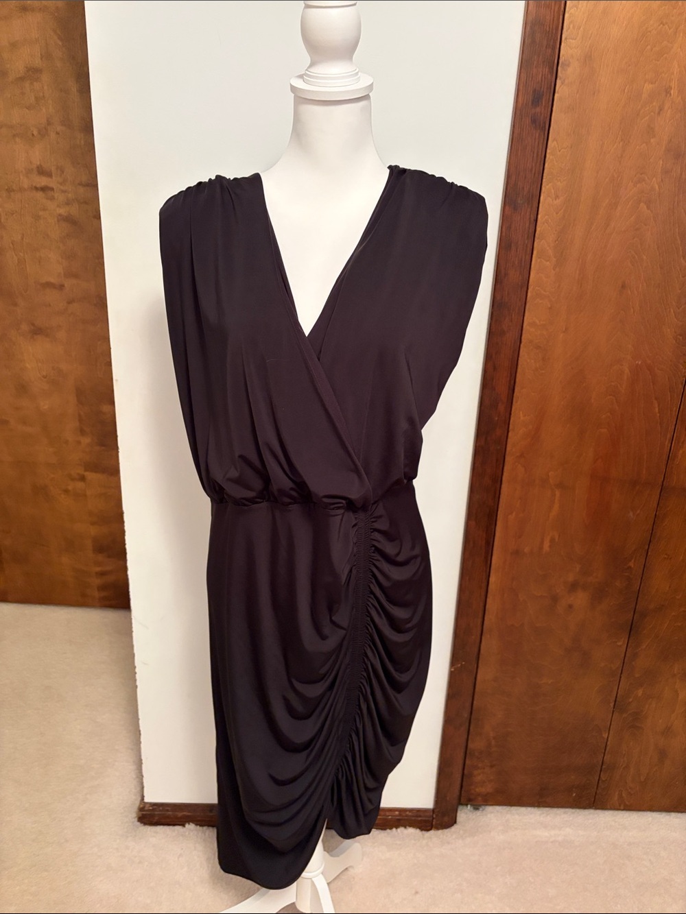 Black Ruched Faux Wrap Midi Dress